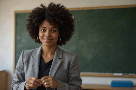 Portrait of smiling African American female teacher standing in classroomの素材