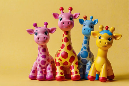 Group of colorful toy giraffes on yellow background, close upの素材