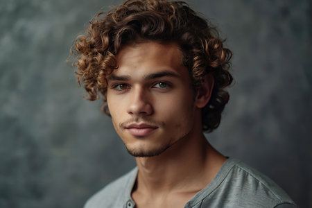 Portrait of a handsome man with curly hair looking at the camera in the studio.の素材
