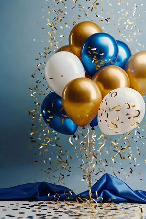 Colorful balloons with confetti and ribbons on blue background.の素材