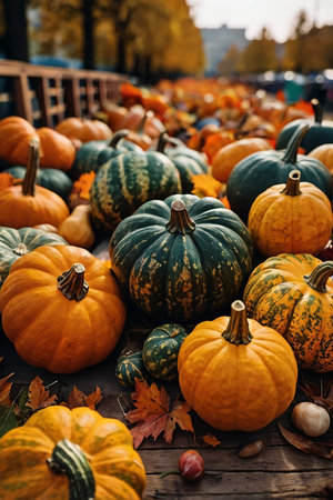 Pumpkins and squashes on a wooden table in autumn parkの素材