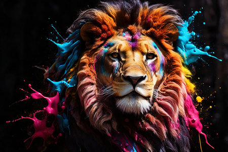 Portrait of a lion with multicolored paint splashes on a black backgroundの素材