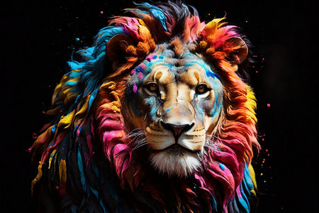 Lion portrait with colorful paint splashes on a black background.の素材