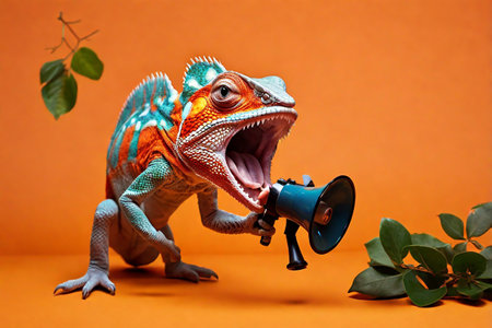 chameleon with a megaphone on an orange background.の素材