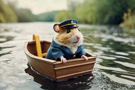 Cute little hamster in the form of a pilot on the boatの素材