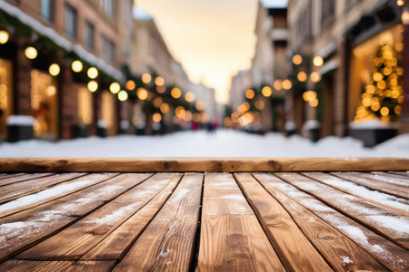Wooden table in front of Christmas decorations in the city. Backgroundの素材