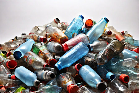 Pile of used plastic bottles on white background, recycle and pollution conceptの素材