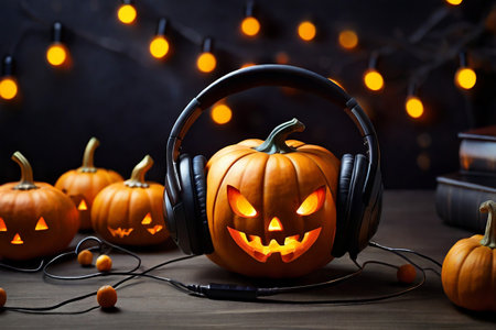 Halloween pumpkin head jack lantern with headphones on wooden table and lights backgroundの素材