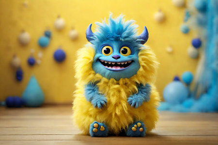 Funny monster with blue eyes on the background of a yellow wallの素材