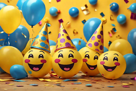 Happy balloons with party hats and confetti on wooden table, closeupの素材