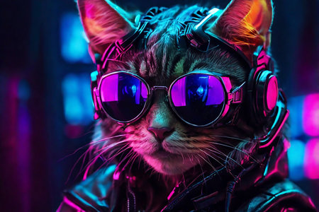 Portrait of a cat with sunglasses and headphones on the background of neon lights.の素材