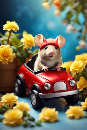 Cute little mouse in red car and yellow flowers on blue backgroundの素材