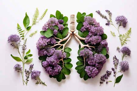 Human lungs made of lilac flowers and green leaves on white backgroundの素材