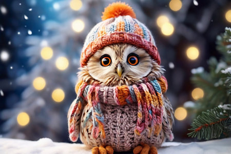 Cute owl in a knitted hat and scarf on a background of a Christmas tree.の素材