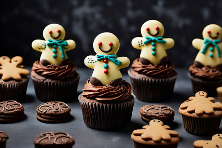 Cupcakes decorated with fondant and gingerbread men on dark backgroundの素材