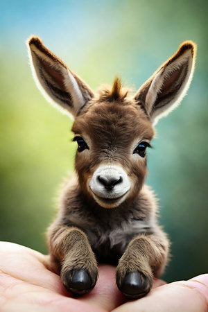 Little baby donkey in human hand on nature background. Close up.の素材