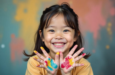 Portrait of happy Asian little girl showing her hands painted with colorful paintの素材