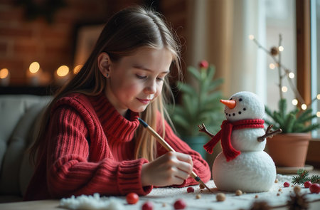 Cute little girl painting snowman in living room at Christmas timeの素材