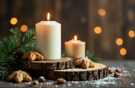 Christmas composition with candles and gingerbread cookies on a wooden background.の素材