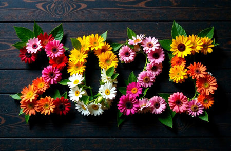 Happy new year 2025 from colorful flowers on wooden background, top viewの素材