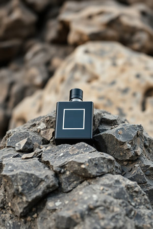 A photo of a rectangular black perfume bottle Mockup with a minimalist label on the rockの素材