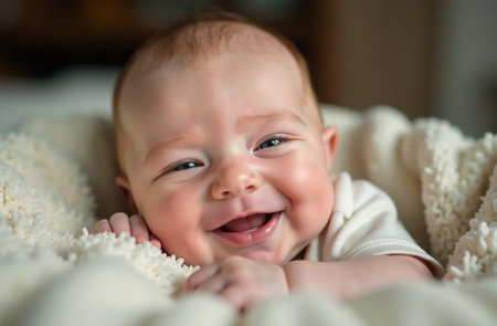 Adorable smiling baby lying on bed at homeの素材