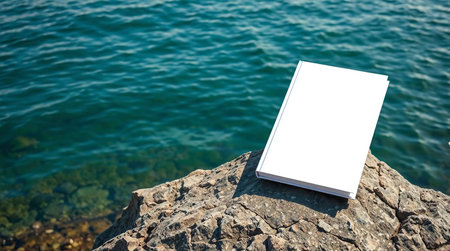 Blank white book cover mockup on rock with sea background.の素材