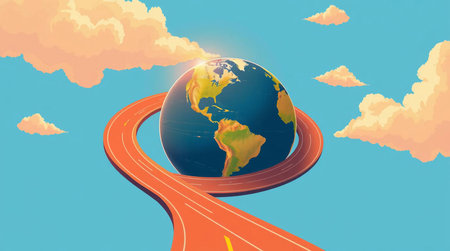 Earth on the road with clouds in the sky. Vector illustration.の素材
