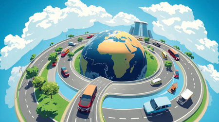 Highway with cars and a globe. Vector illustration. Clip-artの素材