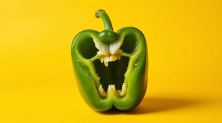 Green Bell Pepper Cut Open Resembling a Frightening Faceの素材