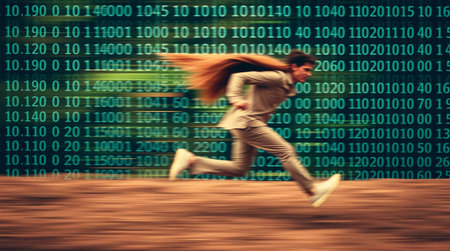 Businessman running fast in front of a binary code. Business conceptの素材