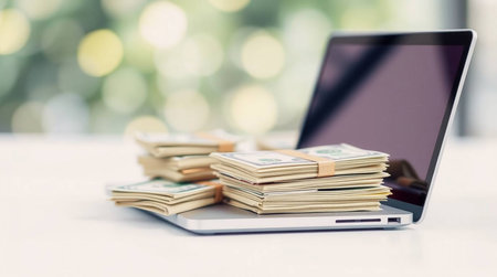 Laptop with stack of money on white table and bokeh backgroundの素材