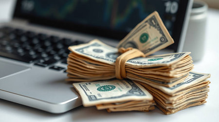 Stack of dollars on the background of a laptop illustrating financial crimeの素材