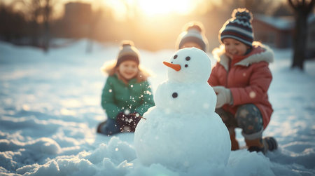 Cute little children playing with snowman in winter park. Happy family outdoorsの素材