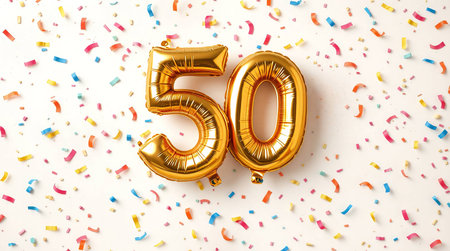 Number 50 gold foil balloon on white background with confetti. Birthday or anniversary celebration greeting card. 3D Renderの素材