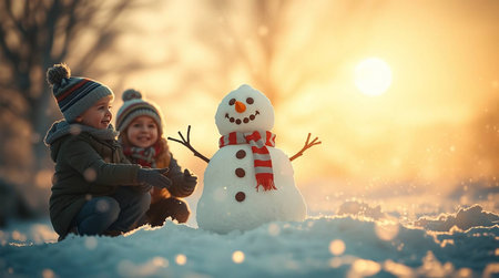 Little boy and girl making snowman in winter forest at sunset.の素材