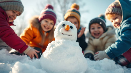 Group of happy children making snowman in winter park. Selective focusの素材