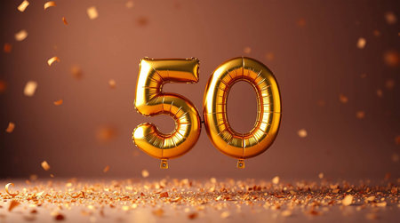 Number 50 gold foil balloon. Anniversary celebration golden number fifty. 3D Renderの素材