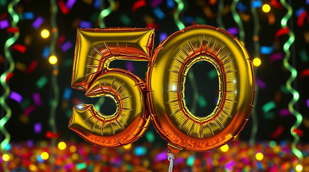 Festive Golden 50 Balloons with Confetti and Lightsの素材