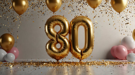 Number 80 gold foil balloon. Happy birthday celebration greeting card. 3D Renderの素材