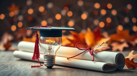 Lightbulb with graduation cap and diploma on the background of autumn leaves. Education concept.の素材