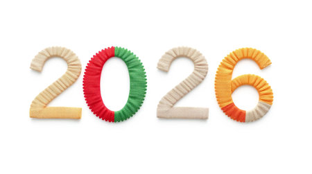 Modern flat design graphic of Number 2026, made of multi-colored fabric.の素材
