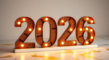 Wooden number 2026 with LED light bulbs. Happy new year concept.の素材