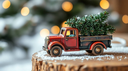 Vintage Red Truck with Christmas Tree in Snowy Winter Sceneの素材