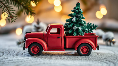 Festive Red Truck with Christmas Tree in Snowの素材