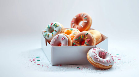 Donuts in a white box on a white background with confettiの素材