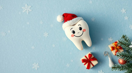 Smiling Tooth Character Celebrating Christmas with Festive Decorationsの素材
