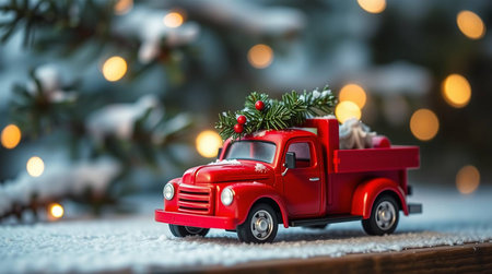 Festive Red Toy Truck Delivering Christmas Cheer in Snowの素材