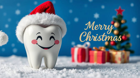 Tooth with Santa Claus hat and christmas tree on snow.の素材