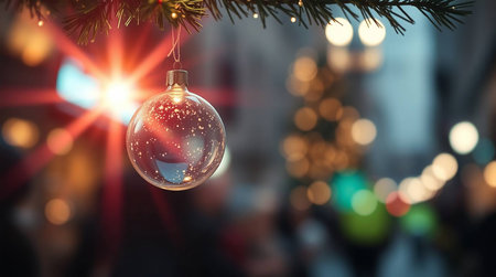 Christmas and New Year holidays background. Christmas tree decoration with glass ball and bokeh lightsの素材